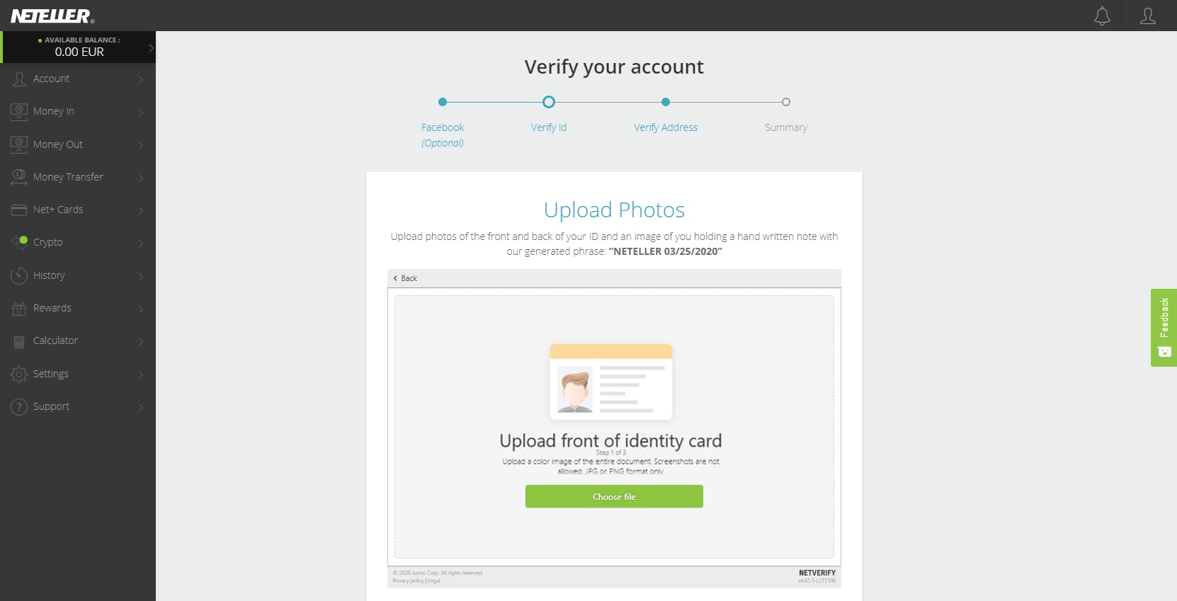 NETELLER VERIFICATION Upload FRONT ID